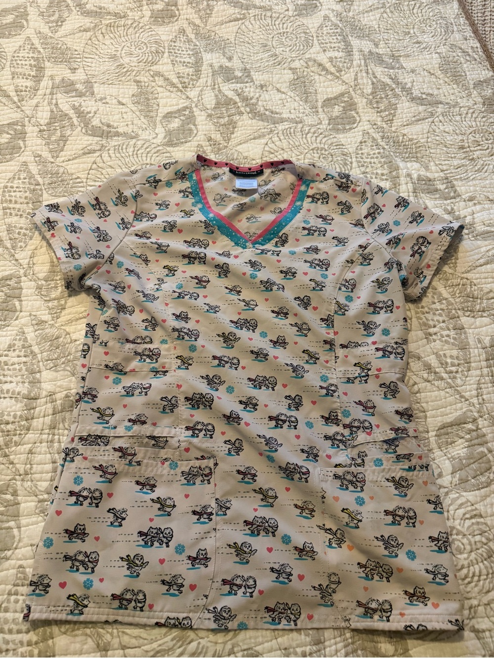 HeartSoul Scrubs Pastel Cartoon Owl Graphic Short Sleeve